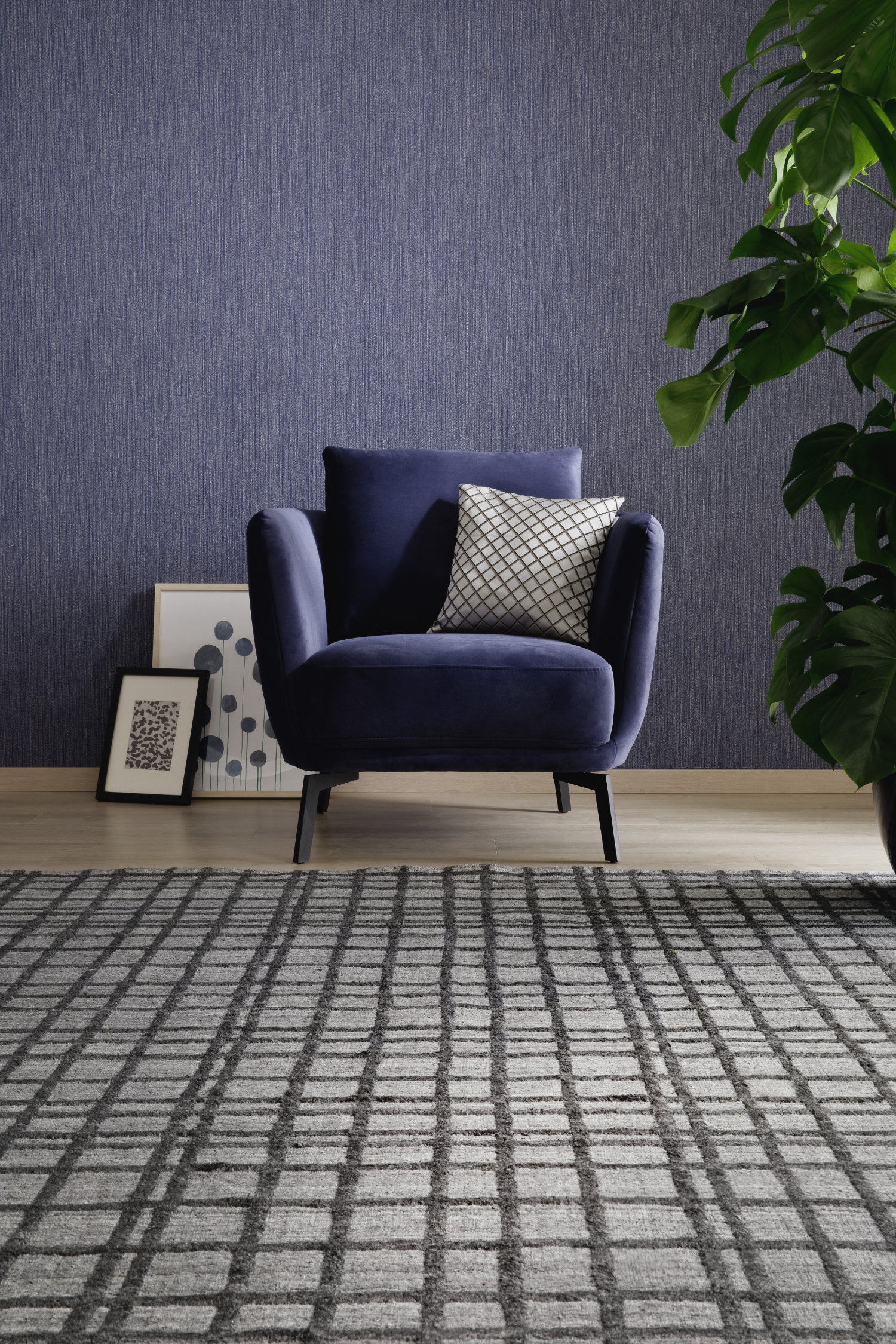 Wohnzimmer mit blauer Tapete SCHÖNER WOHNEN-Tapete