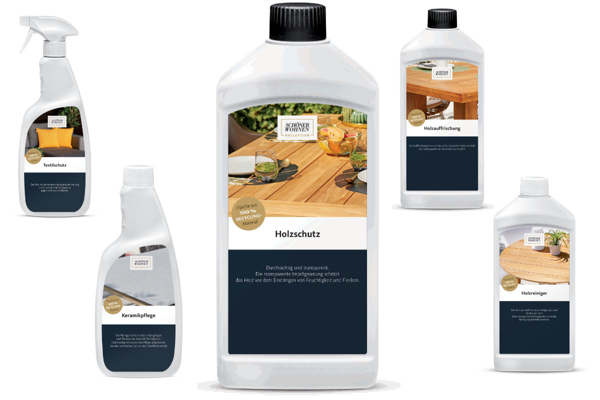 Verschiedene Pflegemittel für Outdoor-Produkte Textilien Holztische Keramik SCHÖNER WOHNEN-Pflegemittel