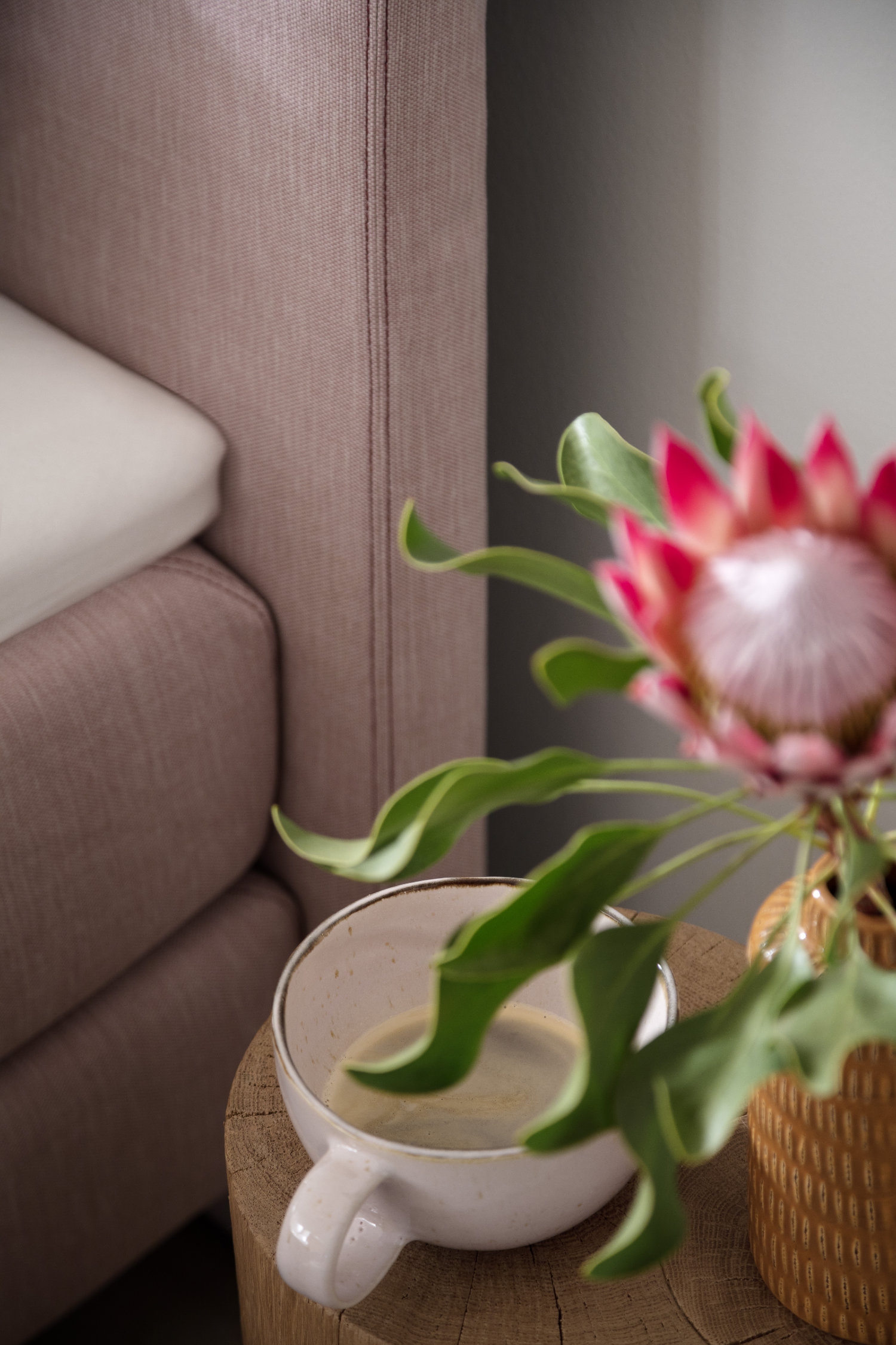 Rosa Boxspringbett mit Beistelltisch aus Holz SCHÖNER WOHNEN-Schlafzimmer